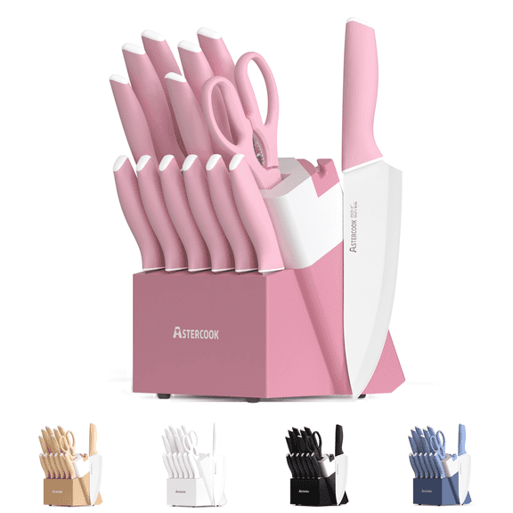 Astercook Knife Set, 14 Pieces Kitchen Knives Set with Healthy Anti-Rust Coating, Stainless Steel Knife Sets with Built-in Sharpener, Sharp & Rust Resistant Dishwasher Safe Pink