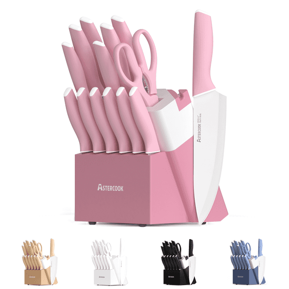Astercook Knife Set, 14 Pieces Kitchen Knives Set with Healthy Anti-Rust Coating, Stainless Steel Knife Sets with Built-in Sharpener, Sharp & Rust Resistant Dishwasher Safe Pink