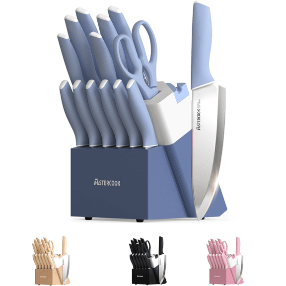 Astercook Knife Set, 14 Pieces Kitchen Knives Set with Healthy Anti-Rust Coating, Stainless Steel Knife Sets with Built-in Sharpener, Sharp & Rust Resistant Dishwasher Safe Delicate Blue