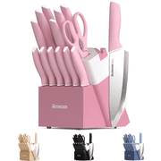 Astercook Knife Set, 14 Pieces Kitchen Knives Set with Block & Built-in Sharpener, German Stainless Steel Knives with Ergonomic Handles, Sharp & Rust Resistant Dishwasher Safe Pink