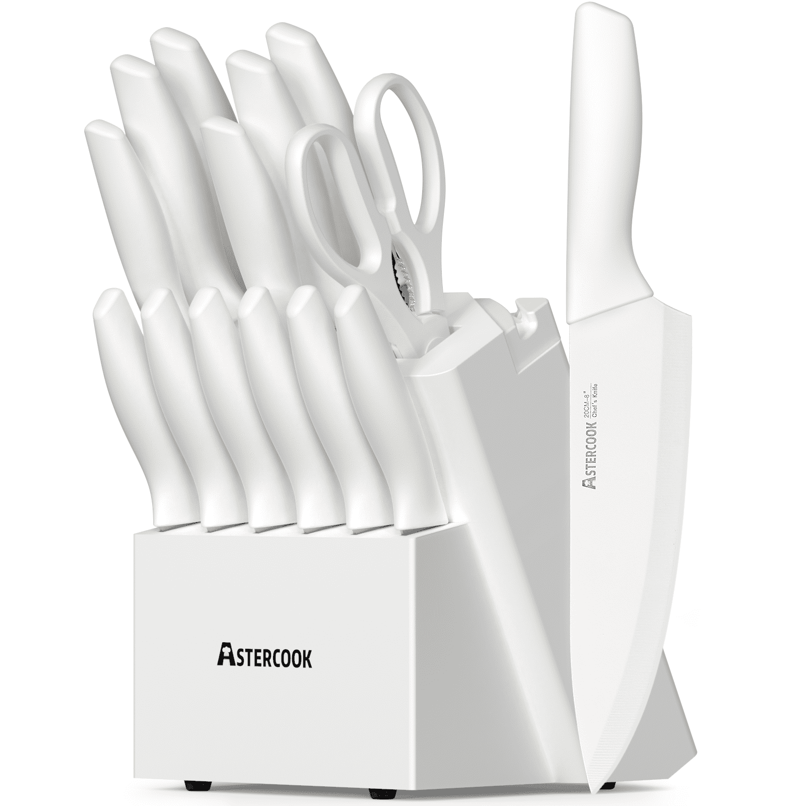 Astercook Knife Set, 14 Pieces Kitchen Knives Set with Healthy Anti-Rust Coating, Stainless Steel Knife Sets with Built-in Sharpener, Sharp & Rust Resistant Dishwasher Safe Bright White