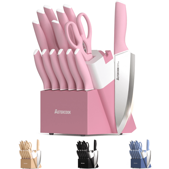 Astercook Knife Set, 14 Pieces Kitchen Knives Set with Healthy Anti-Rust Coating, Stainless Steel Knife Sets with Built-in Sharpener, Sharp & Rust Resistant Dishwasher Safe Pink