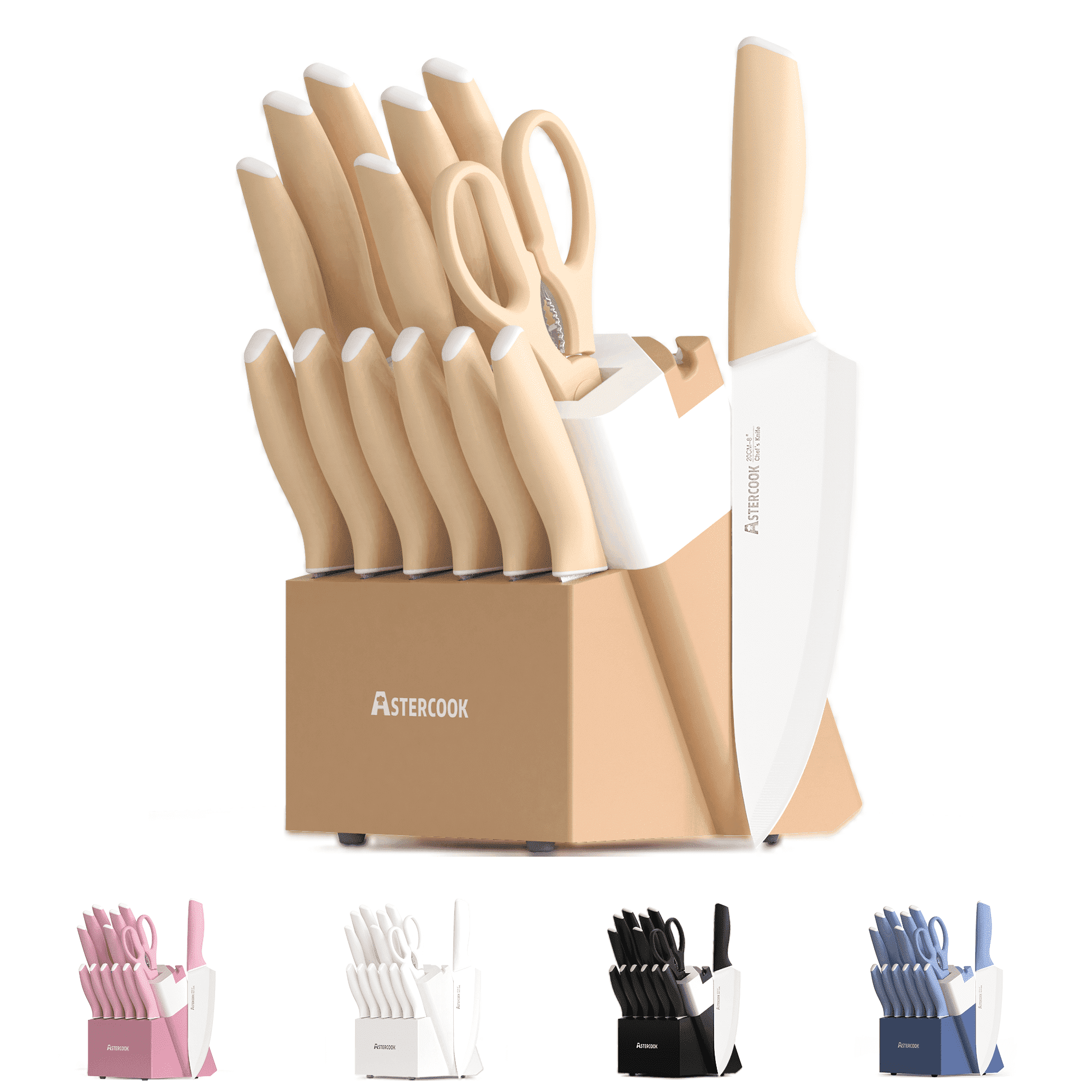 Astercook 14 Piece Stainless Steel Knife Set with Healthy Anti-Rust Coating, Built-in Sharpener