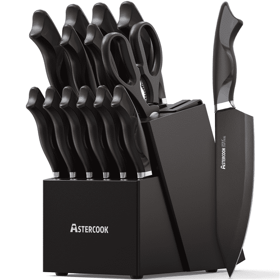 Astercook Knife Set, 15-Piece Kitchen Knives Set with Built-in Sharpener, German Stainless Steel Knife Block Sets with Anti-Rust Coating & PP Ergonomic Handle, Dishwasher Safe Black
