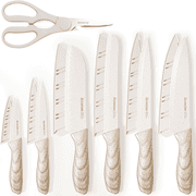 Astercook Knife Set, 7 Pieces Kitchen Knives Set with Healthy Anti-Rust Coating, Dishwasher Safe, Stainless Steel Wooden Handle Knife Sets with 6 Blade Guards, Perfect Holiday Gifts for Kitchen