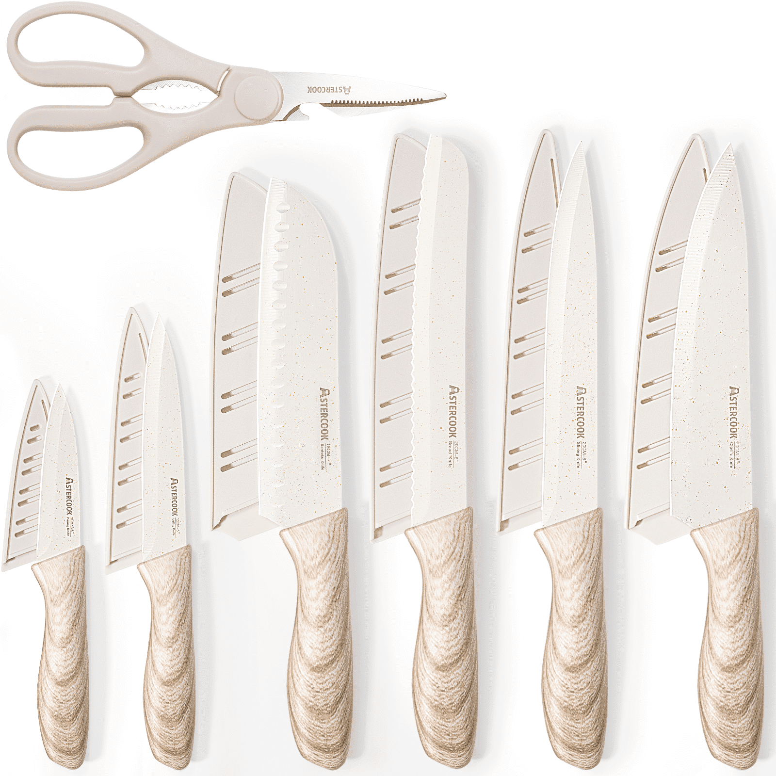 Astercook 7 Pieces Kitchen Knife Set Knives Set with Anti Rust Coating Stainless Steel Chef Knife Sets with 6 Blade Guards Dishwasher Safe