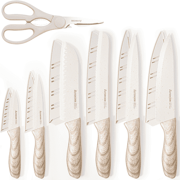 Astercook Knife Set, 7 Pieces Kitchen Knives Set with Healthy Anti-Rust Coating, Dishwasher Safe, Stainless Steel Wooden Handle Knife Sets with 6 Blade Guards, Perfect Holiday Gifts for Kitchen
