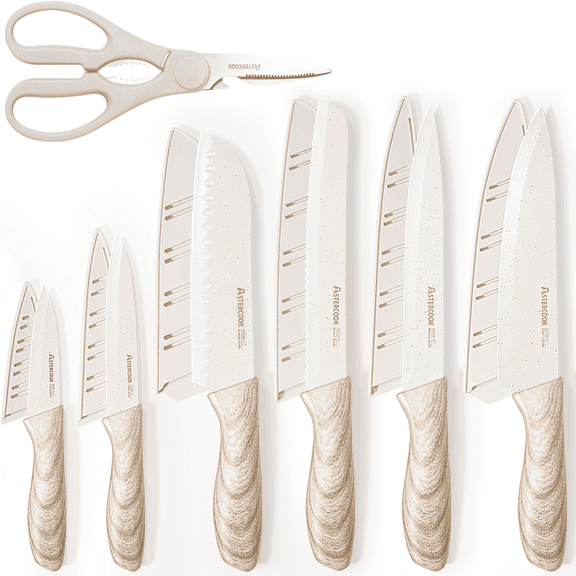 Astercook Knife Set, 7 Pieces Kitchen Knives Set with Healthy Anti-Rust Coating, Dishwasher Safe, Stainless Steel Wooden Handle Knife Sets with 6 Blade Guards, Perfect Holiday Gifts for Kitchen