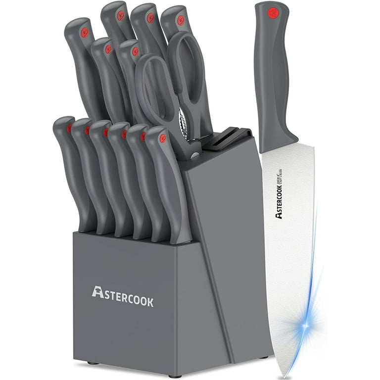 Astercook Knife Set with Built-in Sharpener Block, 15 Piece Black