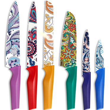 Astercook 6-Pieces Paisley Pattern Knife Set with Cover, Colorful Kitchen Knives Sets German Stainless Steel, Ideal Gift for Kitchen, Dishwasher Safe