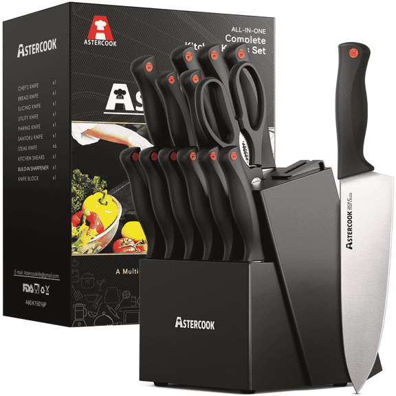 Astercook Knife set, 14-Piece Kitchen Knife Set with Built-in Sharpener, High Carbon German Stainless Steel Knives Block Sets, Ultra Sharp & Rust Resistant, Dishwasher Safe