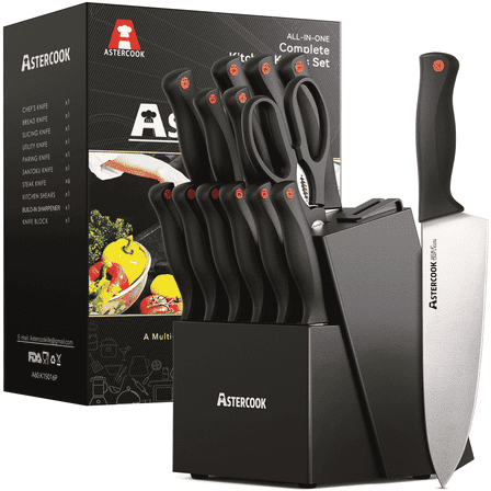 Astercook Knife set, 14-Piece Kitchen Knife Set with Built-in Sharpener, High Carbon German Stainless Steel Knives Block Sets, Ultra Sharp & Rust Resistant, Dishwasher Safe