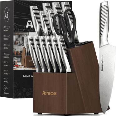 Astercook Kitchen Knife Set, 14-Piece Full Tang Knife Block Set with Built-in Sharpener,German Stainless Steel Knives Sets, Dishwasher Safe Sliver