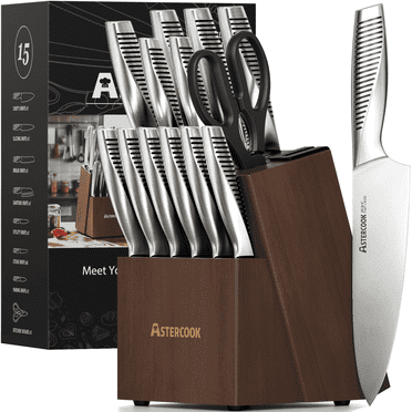 Astercook Kitchen Knife Set, 15-Piece Full Tang Knife Block Set with Built-in Sharpener,German Stainless Steel Knives Sets, Dishwasher Safe Sliver
