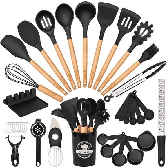 Astercook Silicone Cooking Utensils Set, 38 PCS Kitchen Utensils Set for 446°F Heat Resistant, Food Grade Utensil Sets with Wooden Handle, Kitchen Gadgets for Nonstick Cookware BPA Free (Black)