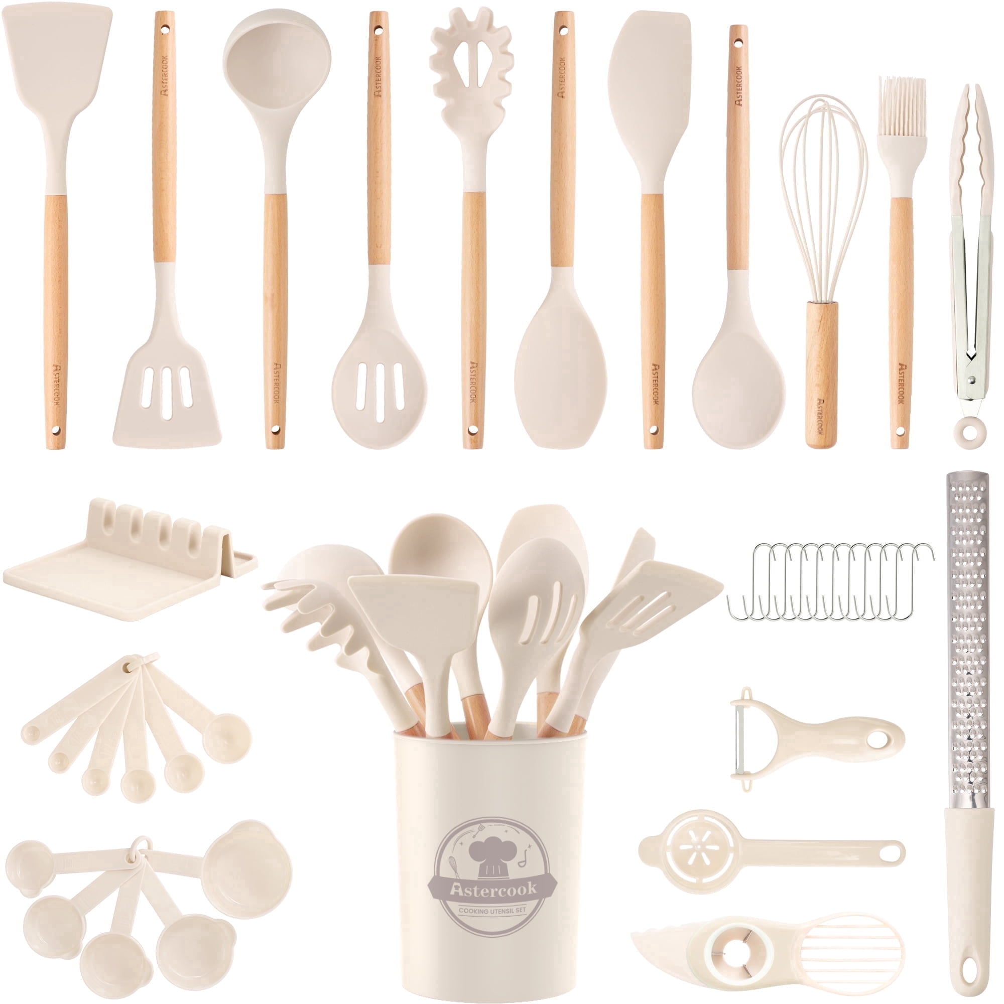 Astercook Silicone Cooking Utensils Set, 38 PCS Kitchen Utensils Set for 446°F Heat Resistant, Food Grade Utensil Sets with Wooden Handle, Kitchen Gadgets for Nonstick Cookware BPA Free (White)