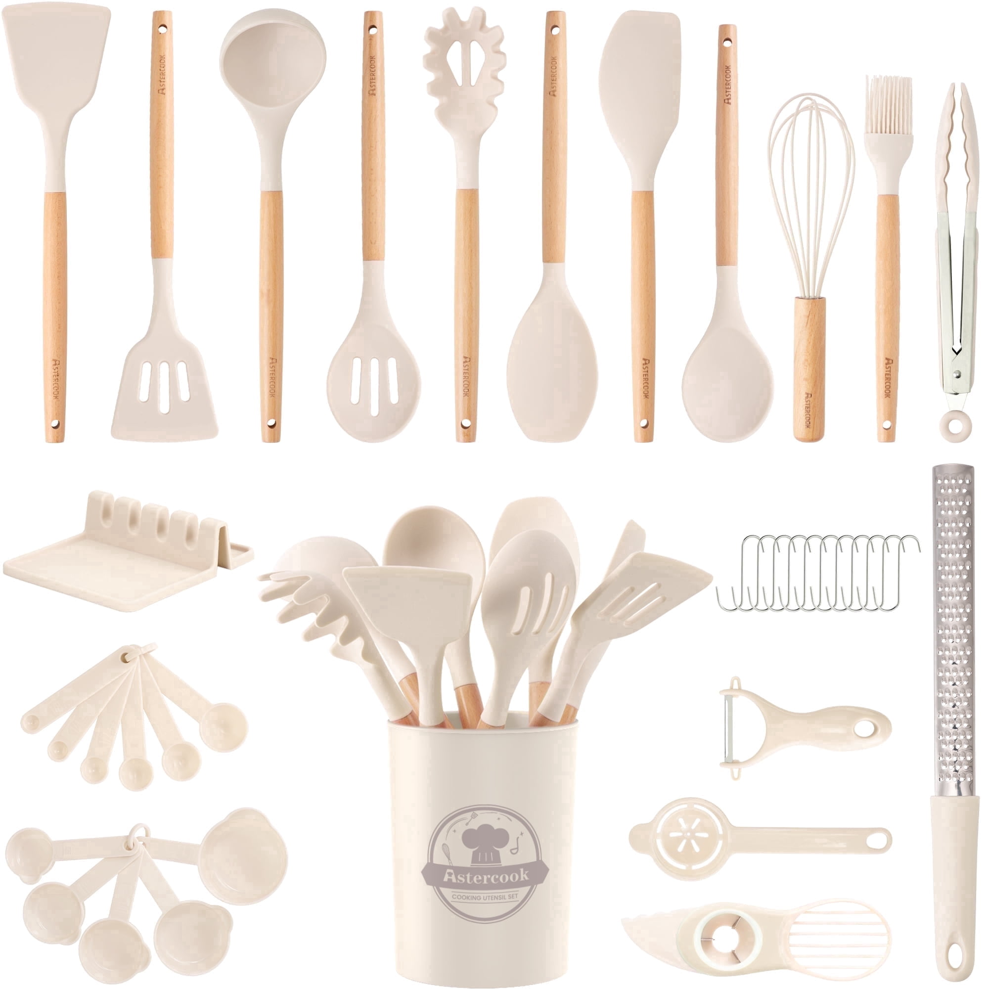Astercook Silicone Cooking Utensils Set, 38 PCS Kitchen Utensils Set for 446°F Heat Resistant, Food Grade Utensil Sets with Wooden Handle, Kitchen Gadgets for Nonstick Cookware BPA Free (White)