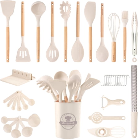 Astercook Silicone Cooking Utensils Set, 38 PCS Kitchen Utensils Set for 446°F Heat Resistant, Food Grade Utensil Sets with Wooden Handle, Kitchen Gadgets for Nonstick Cookware BPA Free (White)