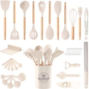 Astercook Silicone Cooking Utensils Set, 38 PCS Kitchen Utensils Set for 446 F Heat Resistant, Food Grade Utensil Sets with Wooden Handle, Kitchen Gadgets for Nonstick Cookware BPA Free White