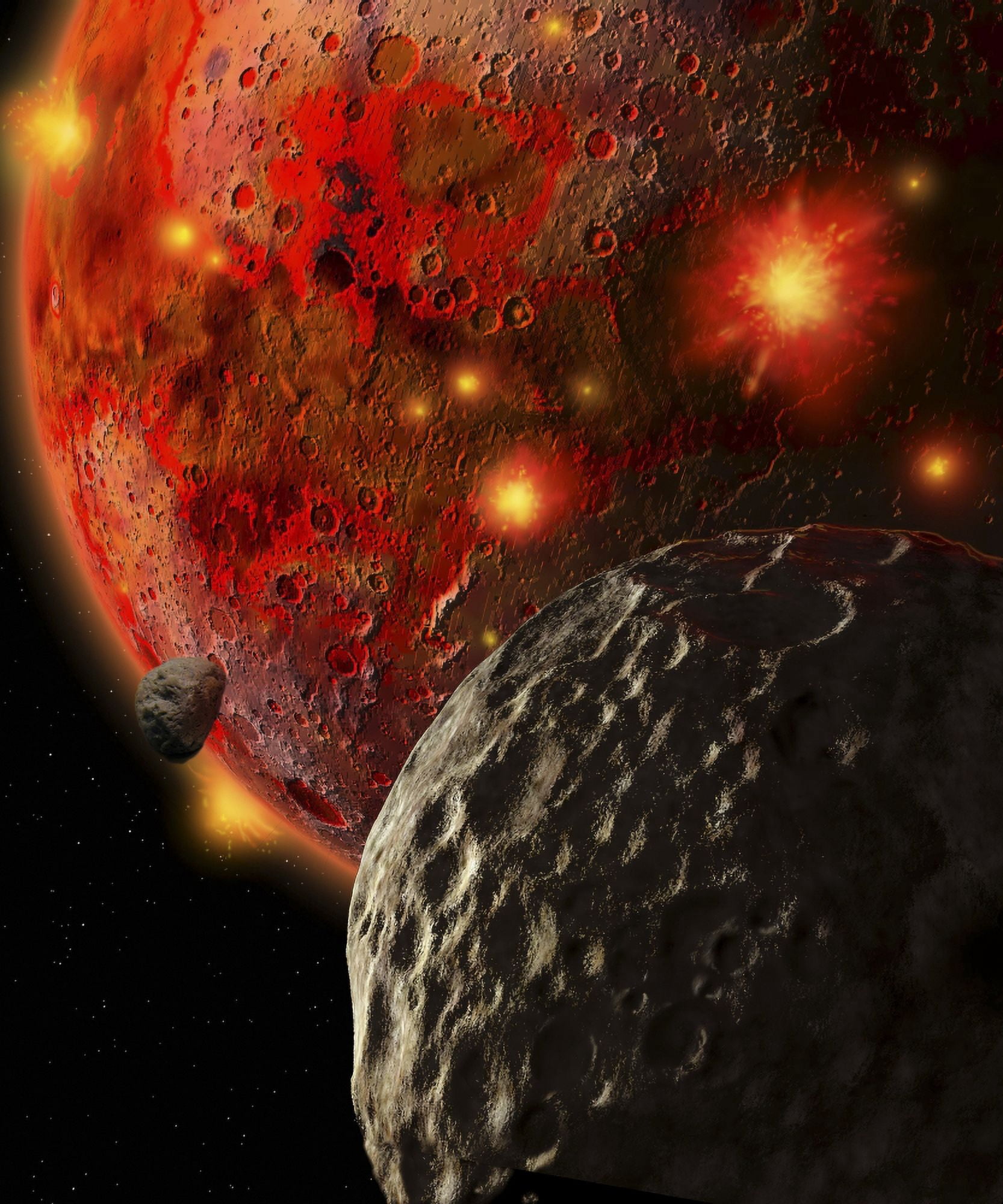Asteroid Impacts on the Early Earth Canvas Art - Ron MillerStocktrek Images (26 x 31)