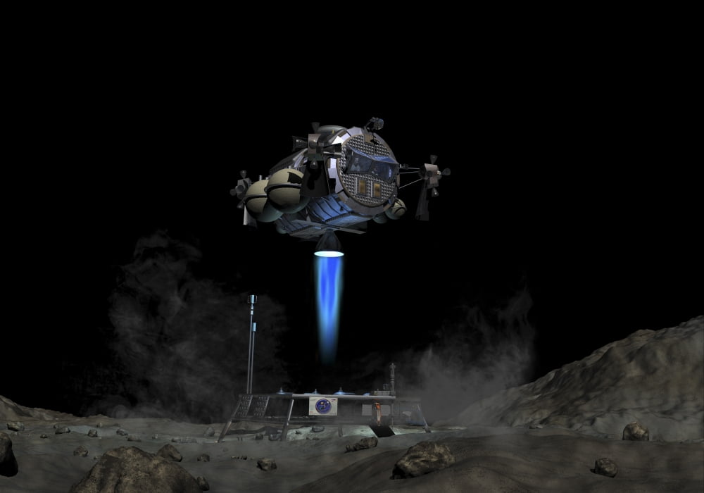Asteroid Lander departs surface of a large asteroid Canvas Art - Walter MyersStocktrek Images (34 x 24)
