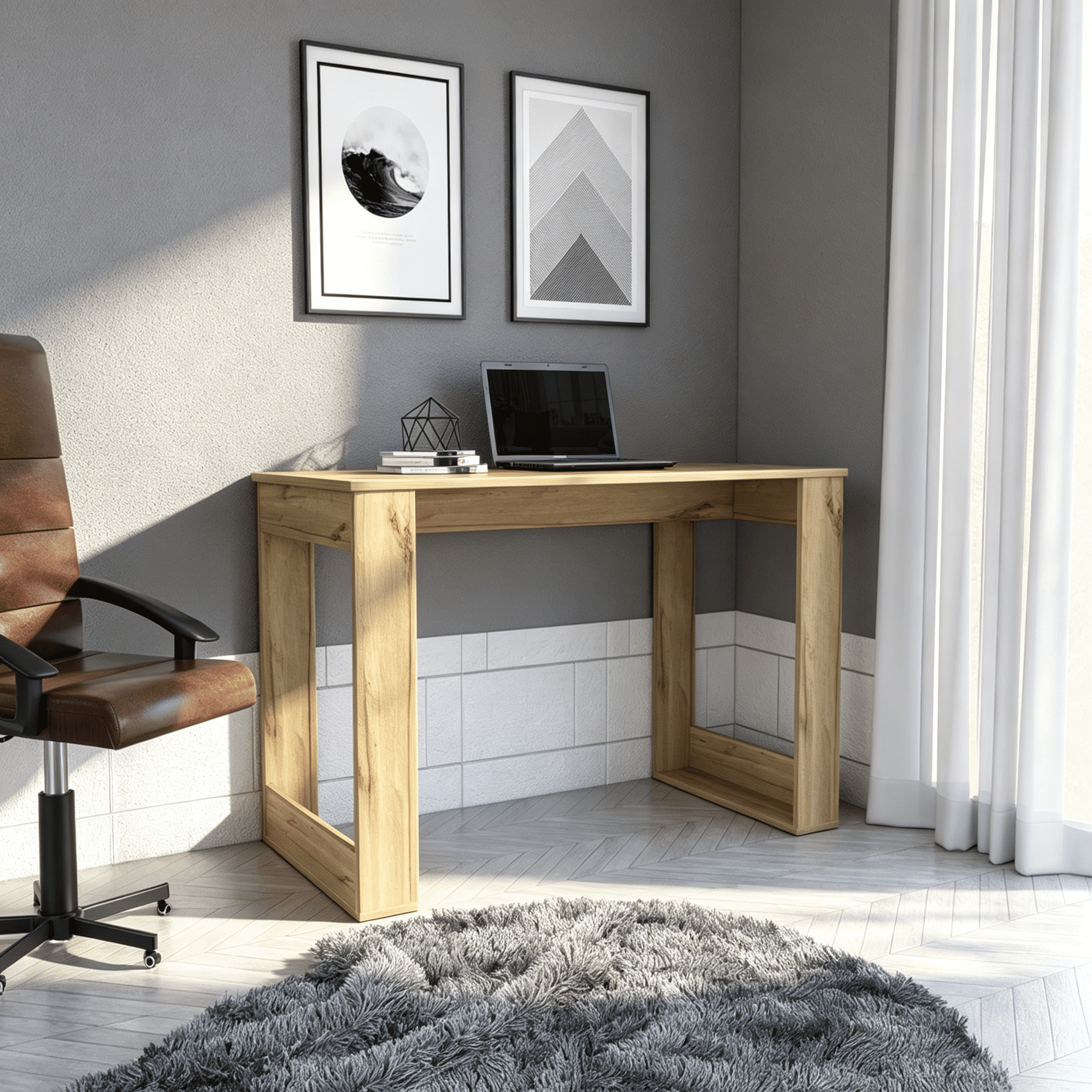 Asteroutdoor Aurora Writing Computer Desk, Light Oak Finish, 47.2 in Wide, 28.7 in High, 23.6 in Deep, Modern Industrial Style for Home Office