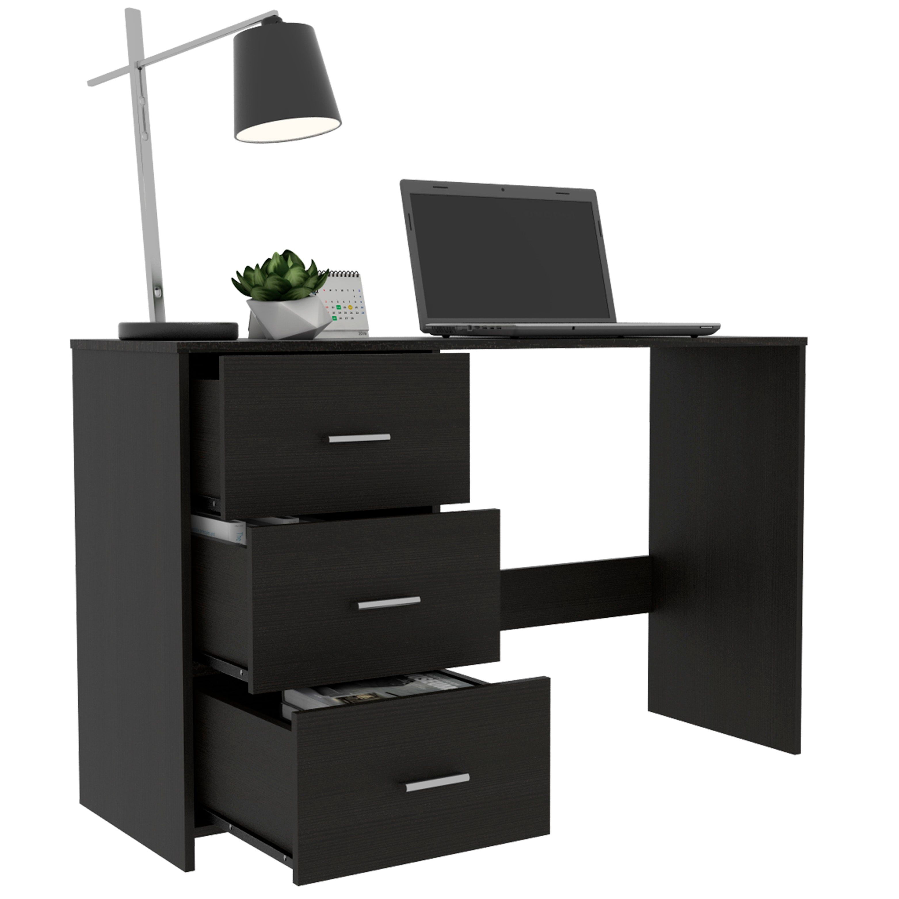 Asteroutdoor Berlin Three Drawers Desk, 47.5 in W, Engineered Wood, Black