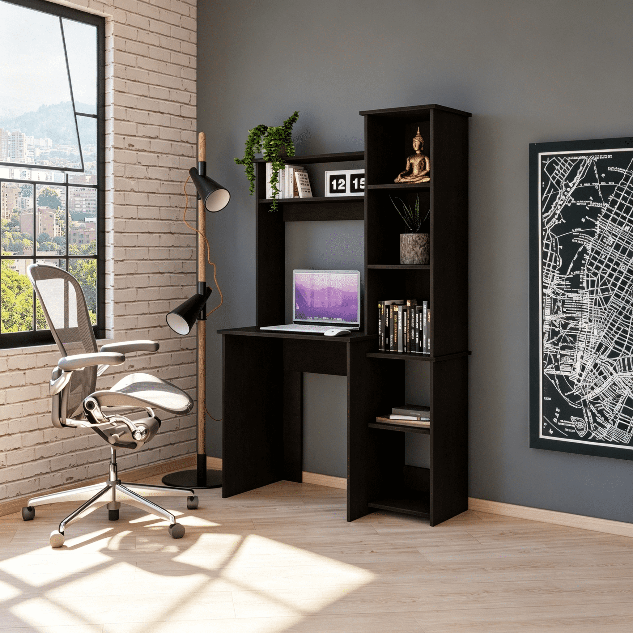 Asteroutdoor Black Desk with Hutch and Five Shelves, 39.7 in Wide, 63.9 in High, Space-Saving Computer Desk with Side Bookcase for Small Rooms