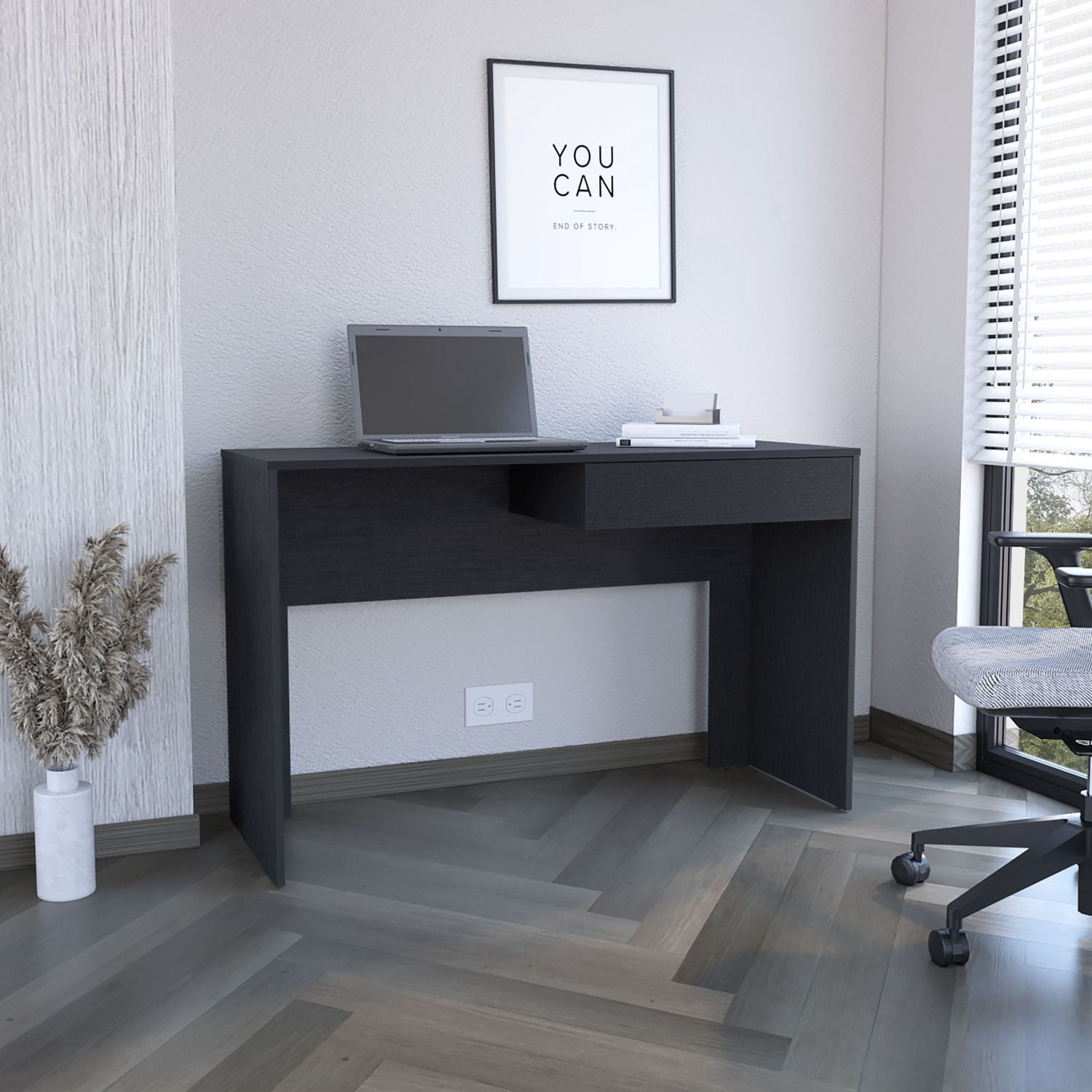 Asteroutdoor Computer Desk Harrisburg with One Drawer, Black Wengue Finish, 47.3 in Wide Table Top, 43.32 in Wide, 29.5 in High, Black Particle Board