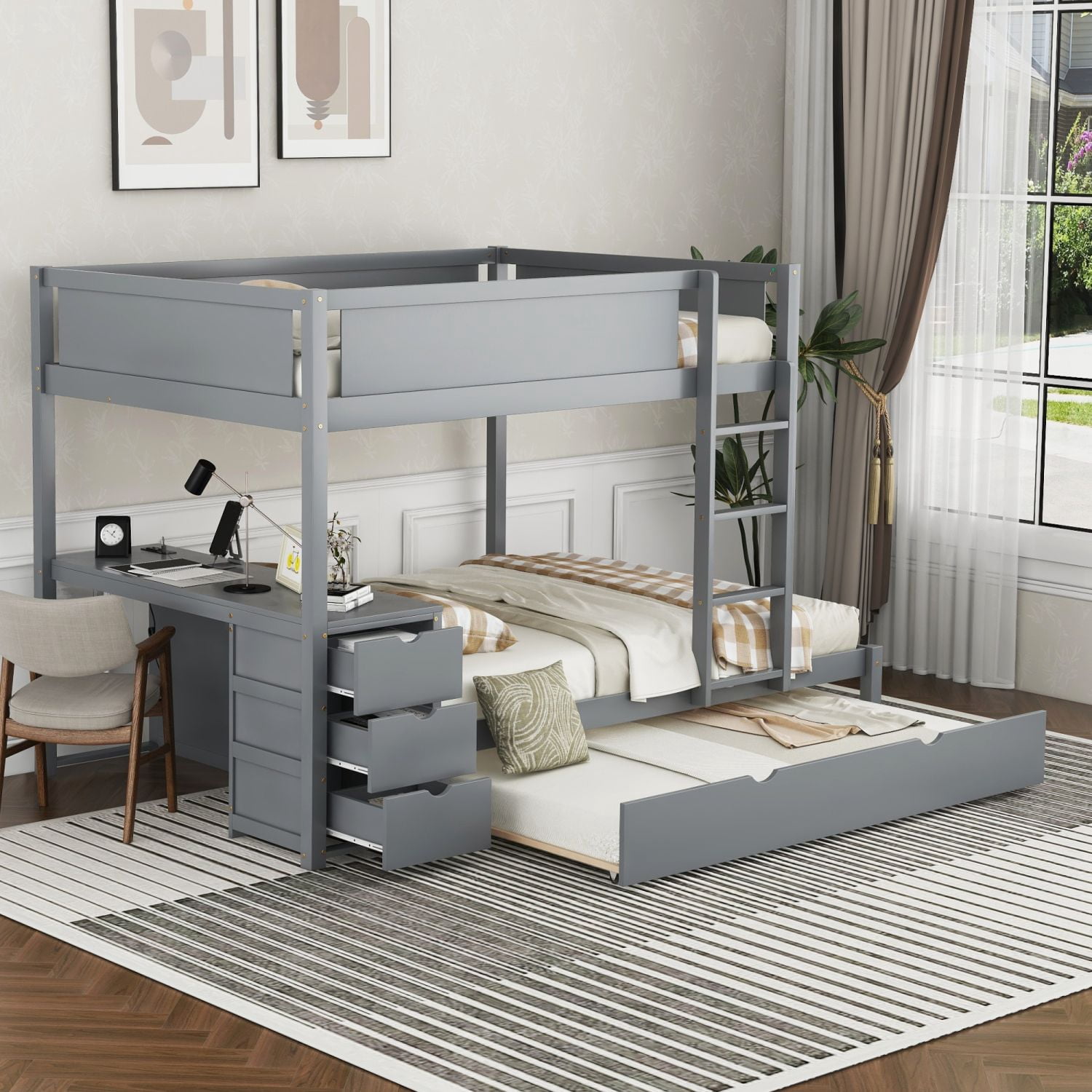 Asteroutdoor Full-Over-Full Bunk Bed with Twin Trundle, Storage Drawers, Desk, USB Outlets, Gray, 94.9 in x 54.1 in x 65.4 in