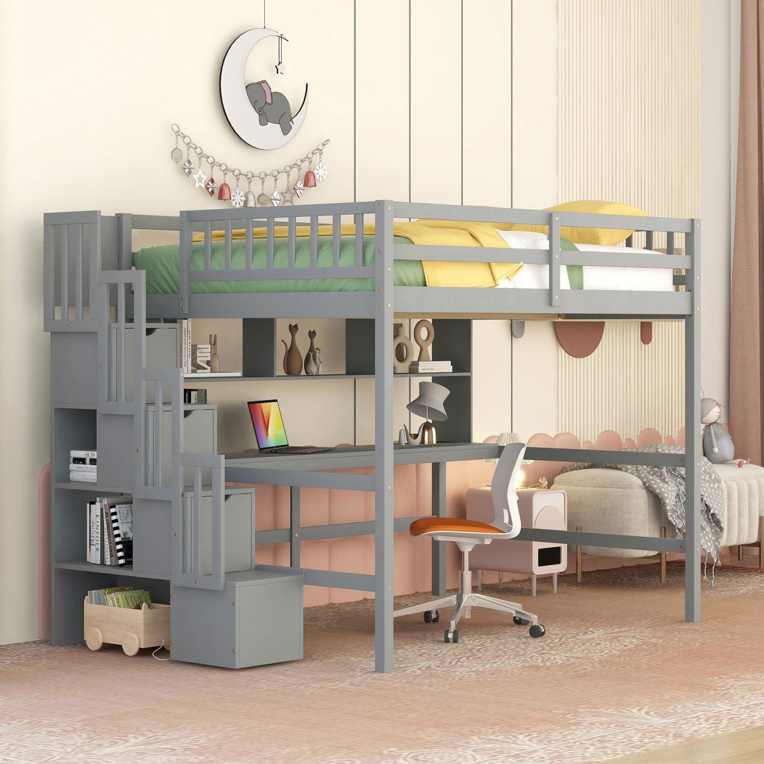 Asteroutdoor Full Size Loft Bed with Desk, Storage Shelves and Staircase, Grey, Pine Wood, 94.3 in L x 57.4 in W x 67.5 in H
