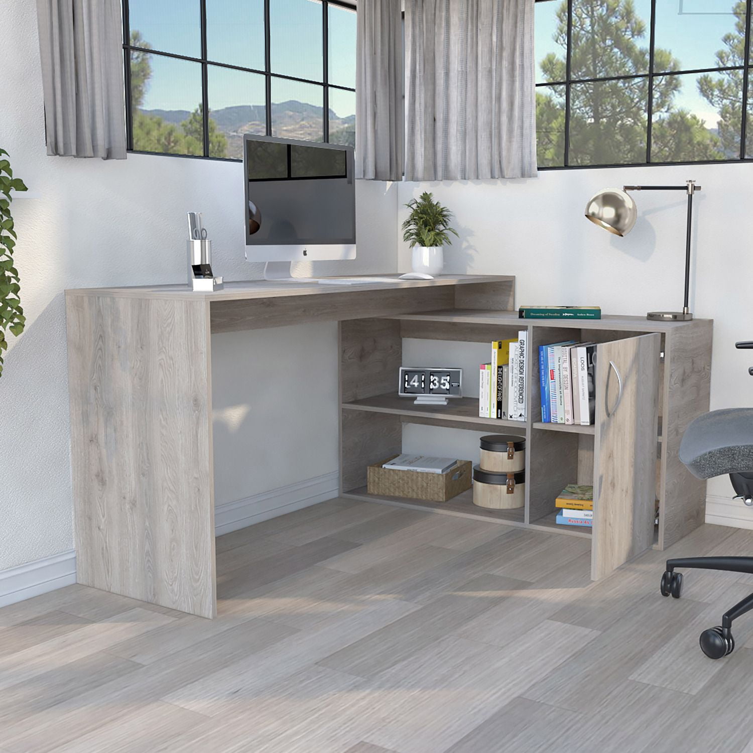 Asteroutdoor L-Shaped Desk Desti, Light Gray Office Desk with Single Door Cabinet and Two Shelves, 59.64 in W x 25.39 in H, Particle Board