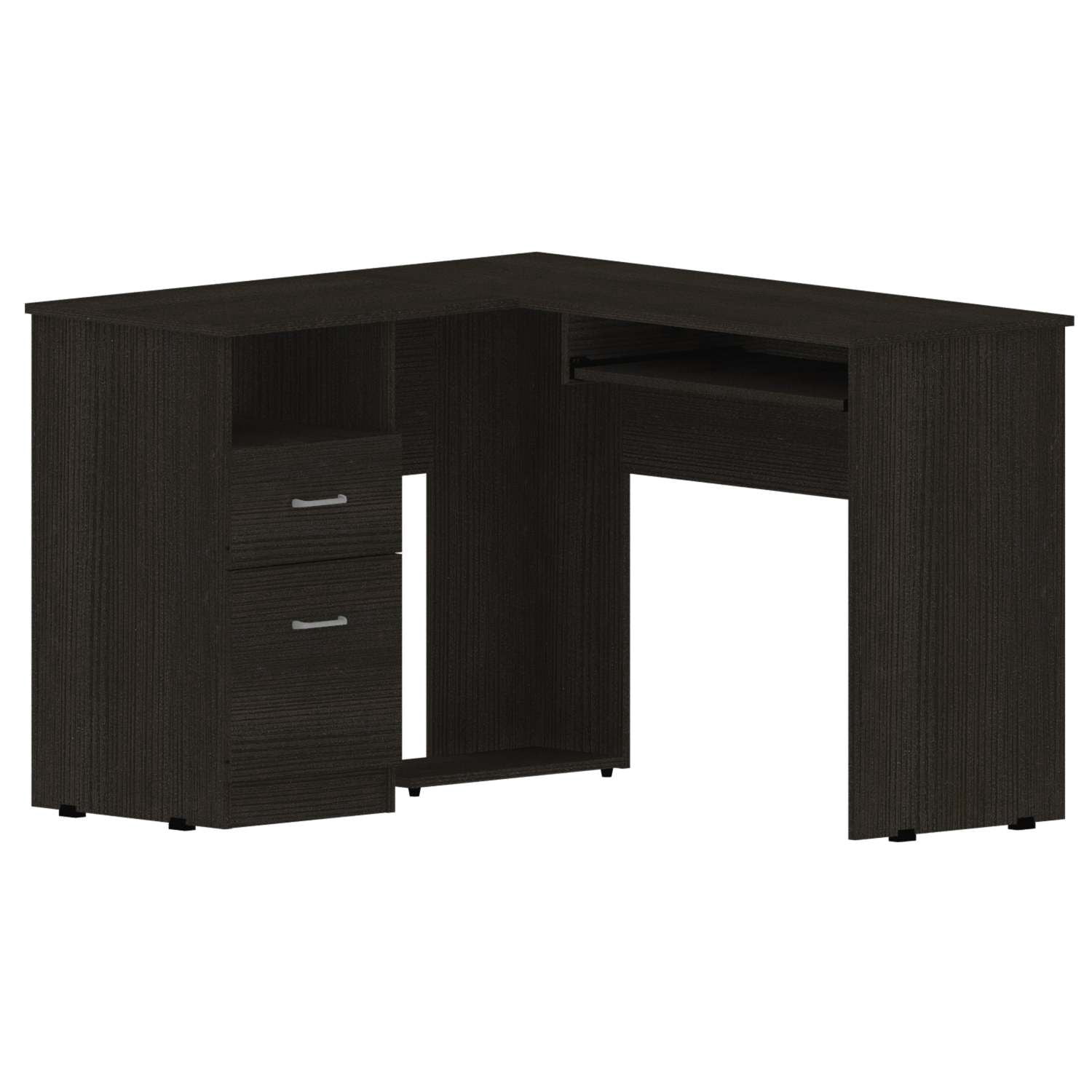 Asteroutdoor L-Shaped Desk with Keyboard Tray, Two Drawers, and Open Shelf, Black