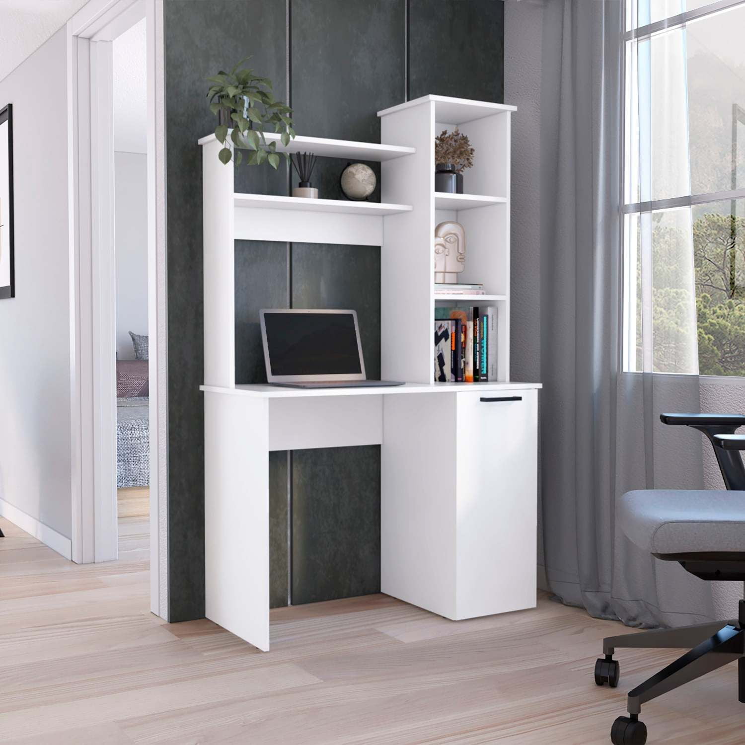Asteroutdoor Muncy Computer Desk with Hutch, Single Door Cabinet, 3-Tier Shelves, 25.8 in Work Surface, Black