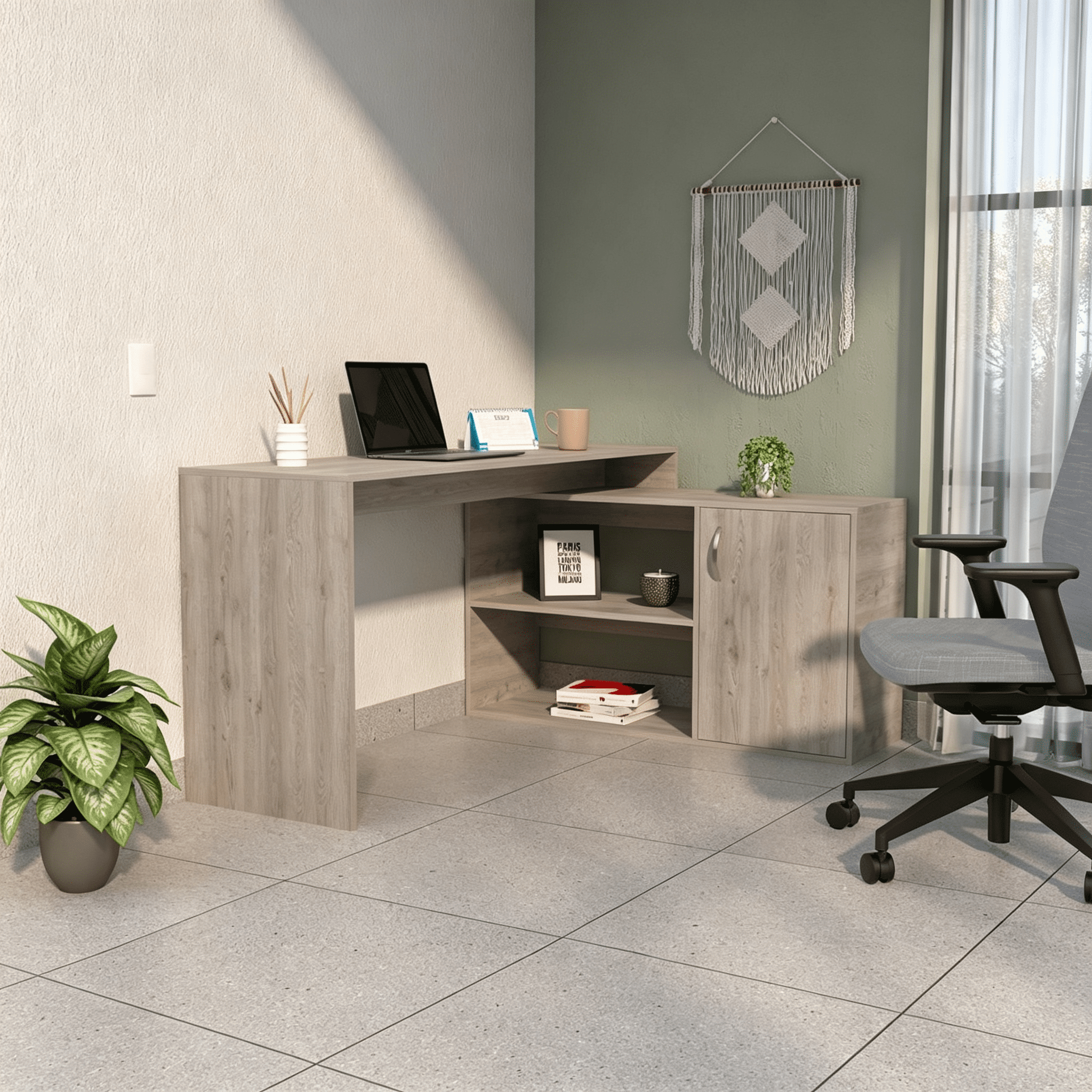 Asteroutdoor Ridley 2-Shelf L-Shaped Writing Desk, Light Gray, 59.64 in W x 30.11 in H x 45.86 in D, One Door-Cabinet, Manufactured Wood