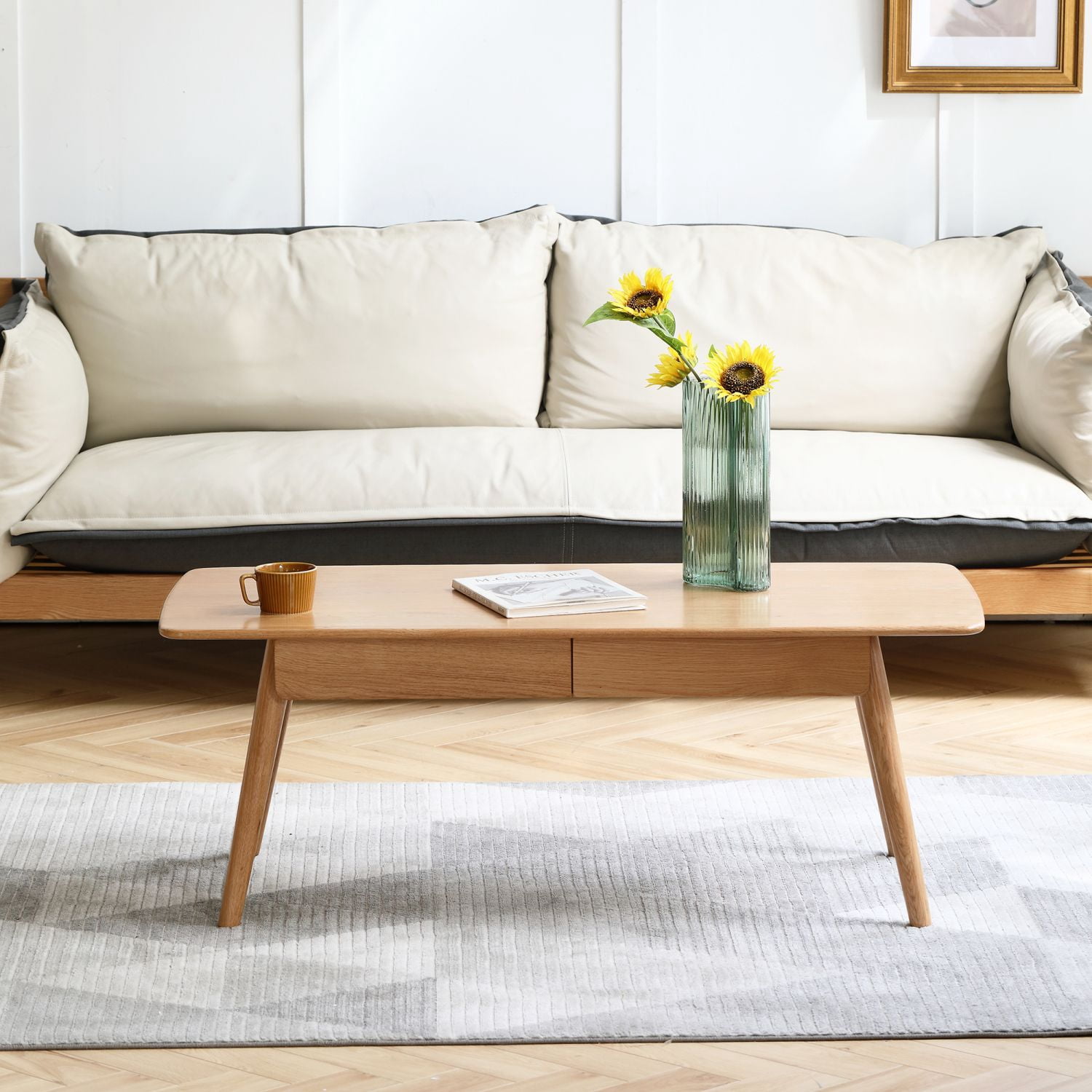 Asteroutdoor Solid Wood Coffee Table, 39.37 in Low Table with 2 Drawers, Oak Finish, 300 lb Capacity, Easy Assembly, Natural Writing Desk for Living Room
