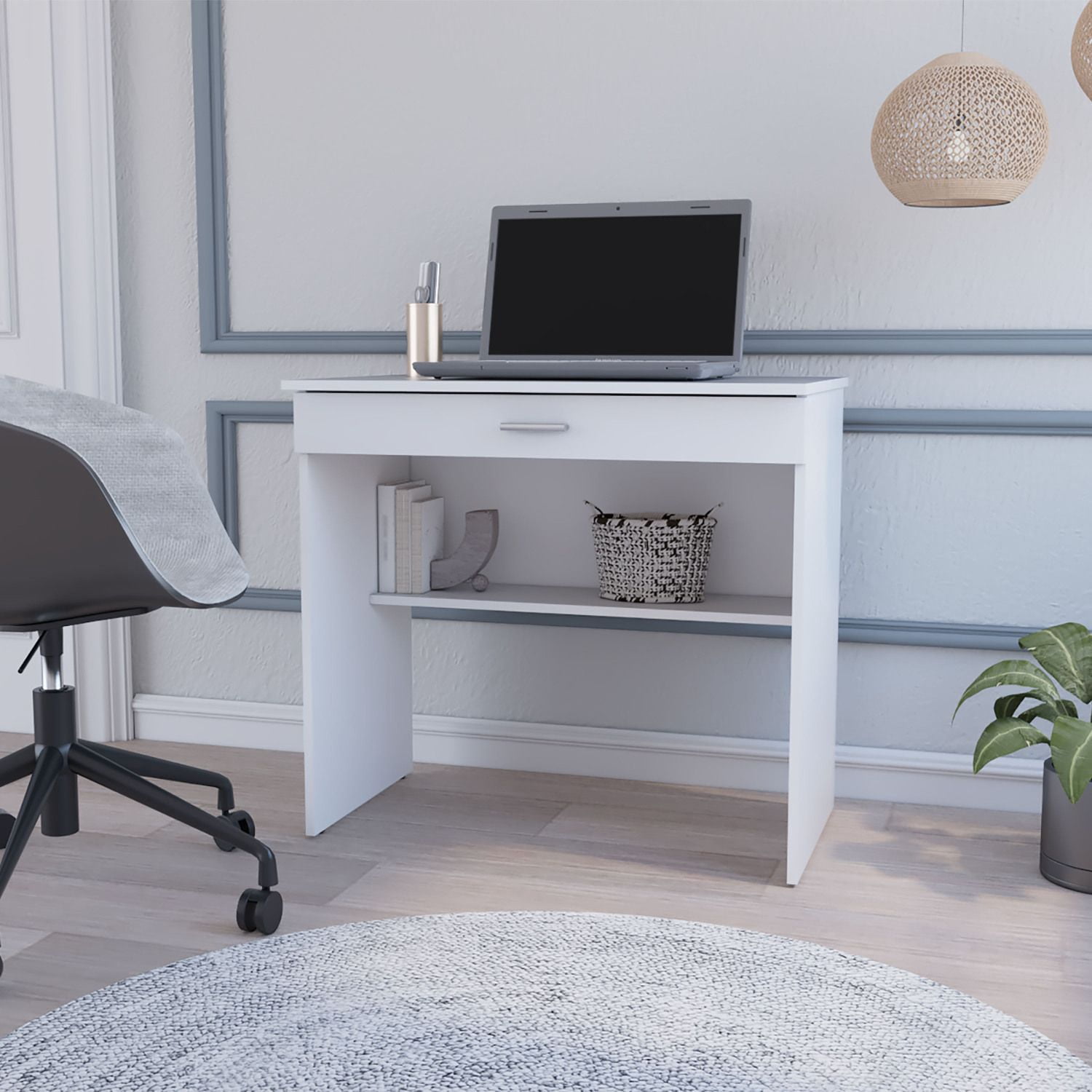 Asteroutdoor Storage Desk with Drawer and Shelf, Modern Computer Desk for Office