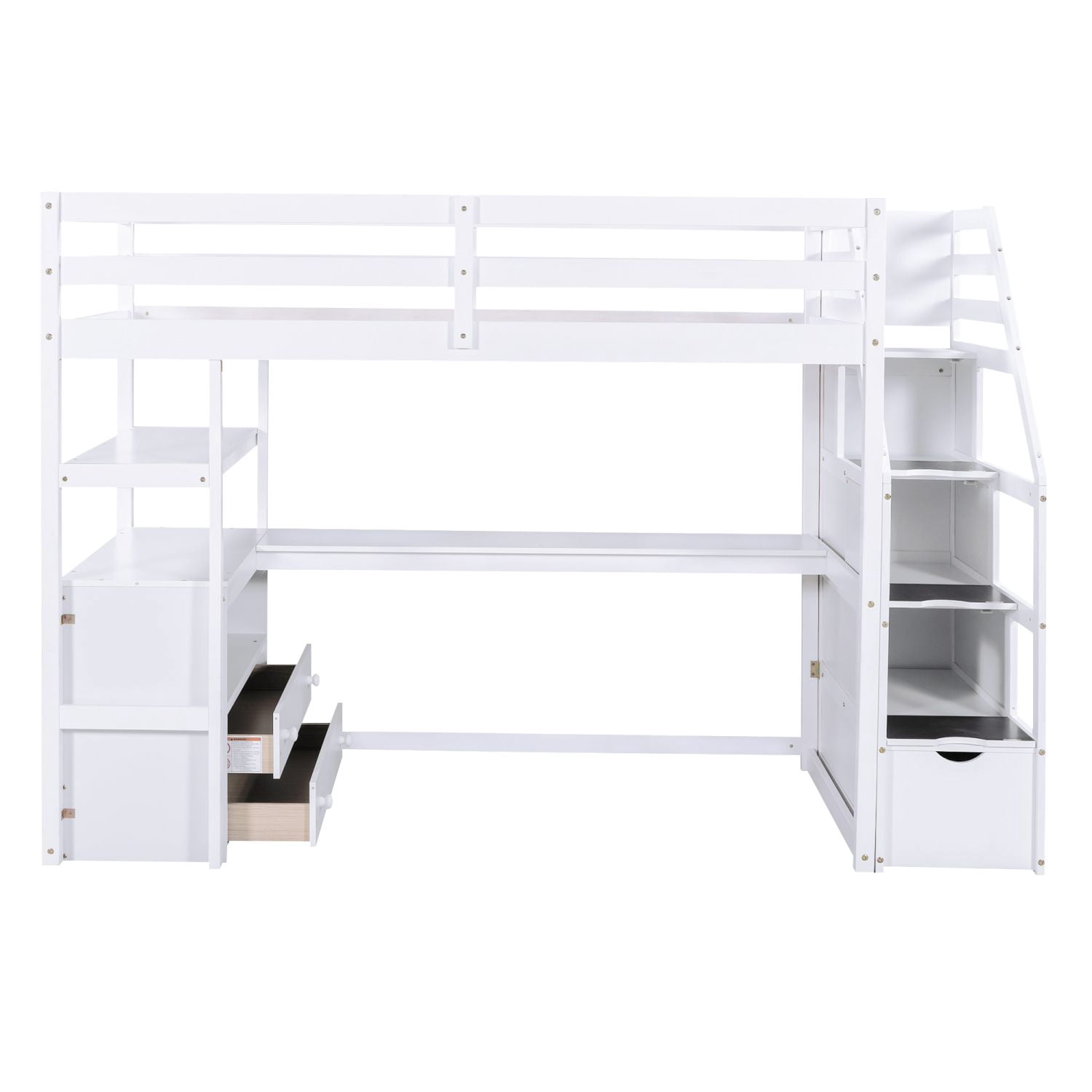 Asteroutdoor Twin Size Loft Bed with Desk and Shelves, Two Built-in Drawers, Storage Staircase, White