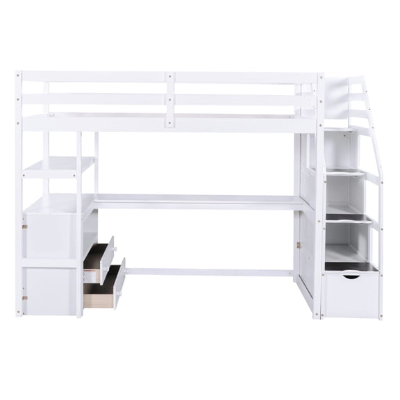Asteroutdoor Twin Size Loft Bed with Desk and Shelves, Two Built-in Drawers, Storage Staircase, White