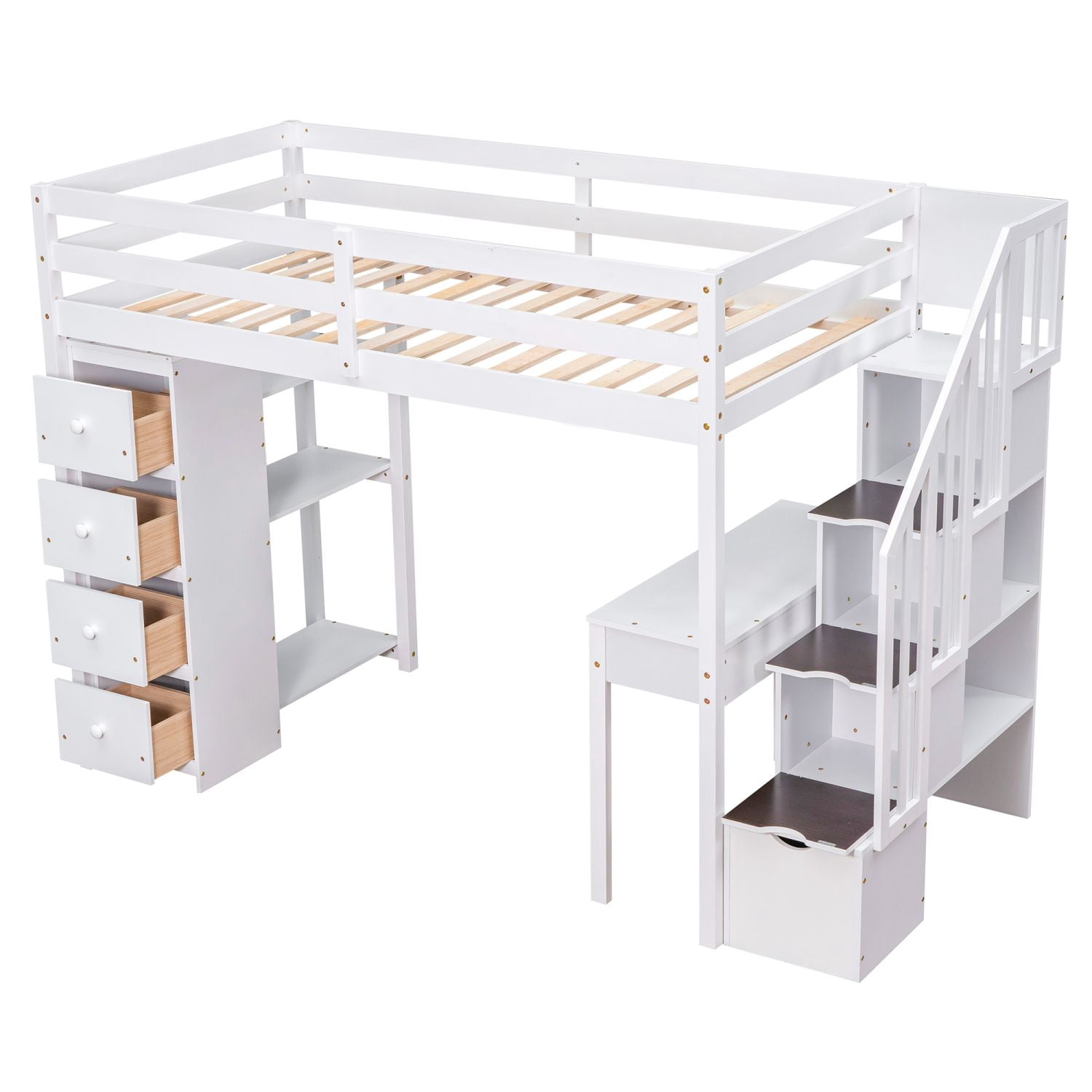 Asteroutdoor Twin Size Loft Bed with Storage Drawers, Desk and Stairs, Wooden Loft Bed with Shelves - White