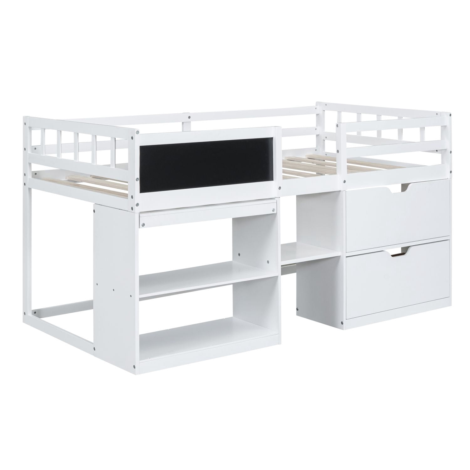 Asteroutdoor Twin Size Low Loft Bed with Rolling Desk, Shelf and Drawers - White
