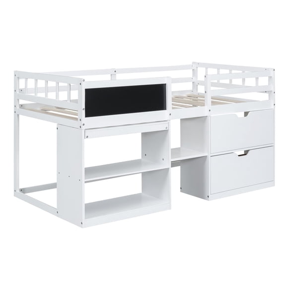 Asteroutdoor Twin Size Low Loft Bed with Rolling Desk, Shelf and Drawers - White