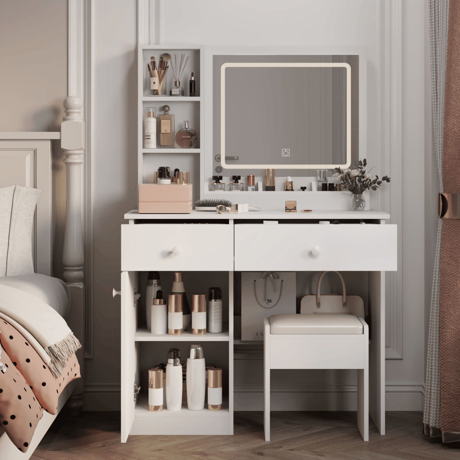 Asteroutdoor Vanity Desk with Lighted Mirror, 3 Color Lighting Modes, Adjustable Brightness, 2 Large Drawers, White Makeup Table, 35.4 in Wide