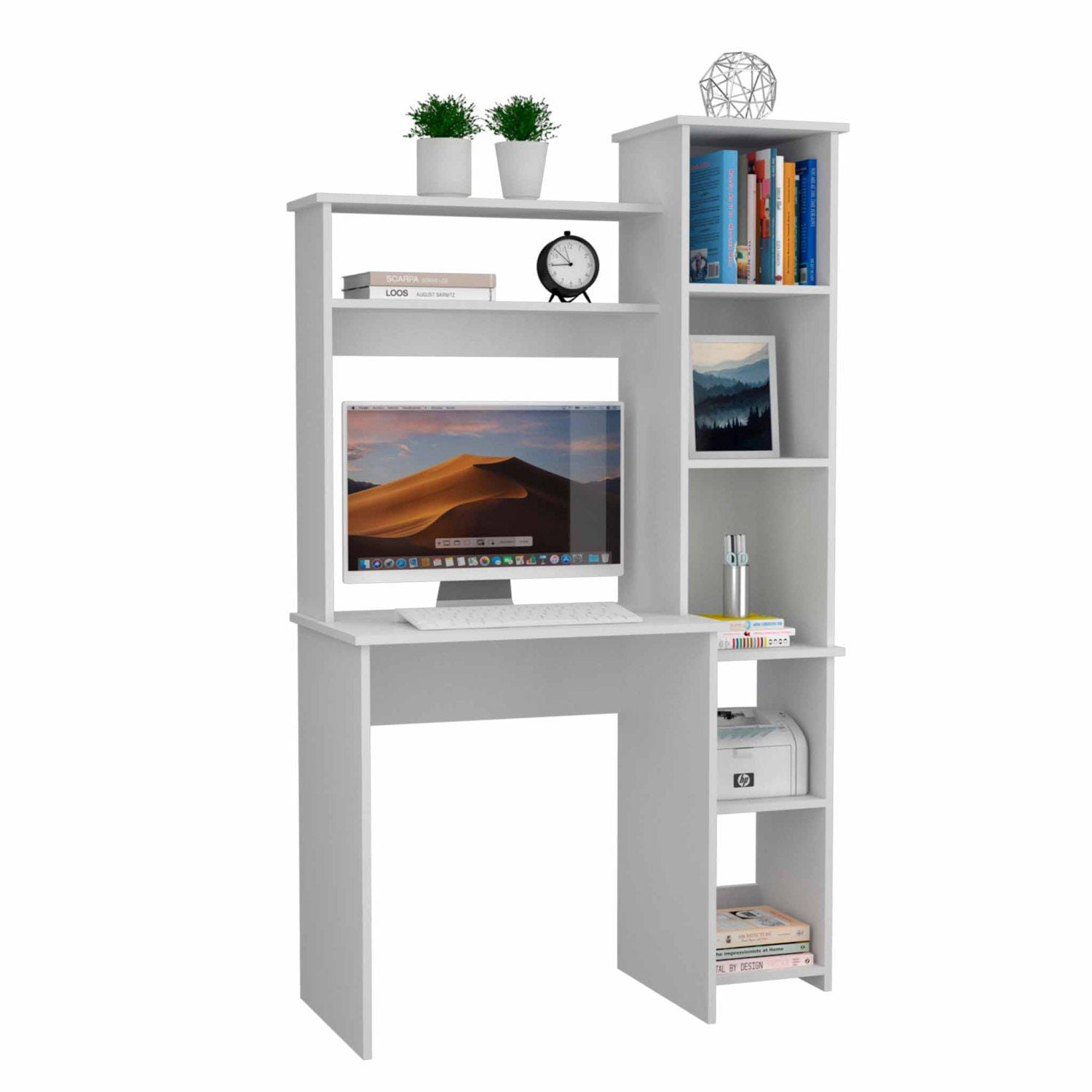 Asteroutdoor White 6-Shelf Writing Desk with Built-in Bookcase