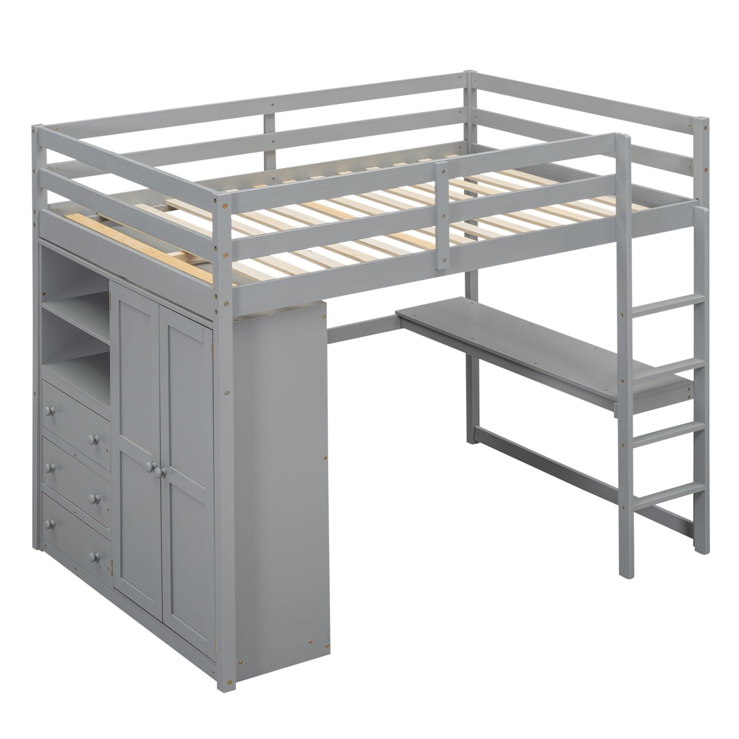 Asteroutdoor Wood Full Size Loft Bed with Built-in Wardrobe, Desk, Storage Shelves and Drawers, Gray