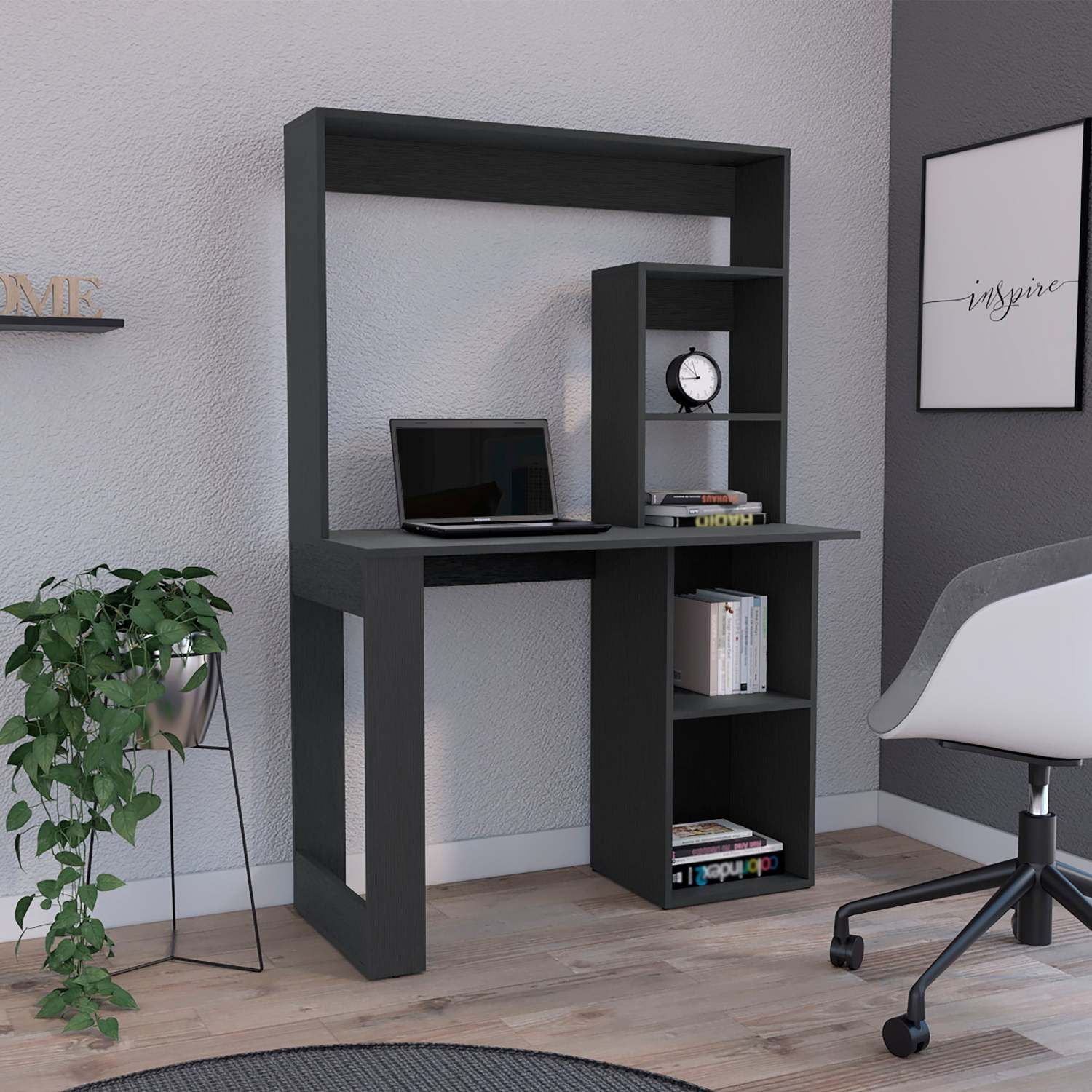 Asteroutdoor Writing Computer Desk with Storage Shelves and Hutch, Black, 38.8 in W x 17.7 in D Work Surface, 5 Shelves, for Home Office