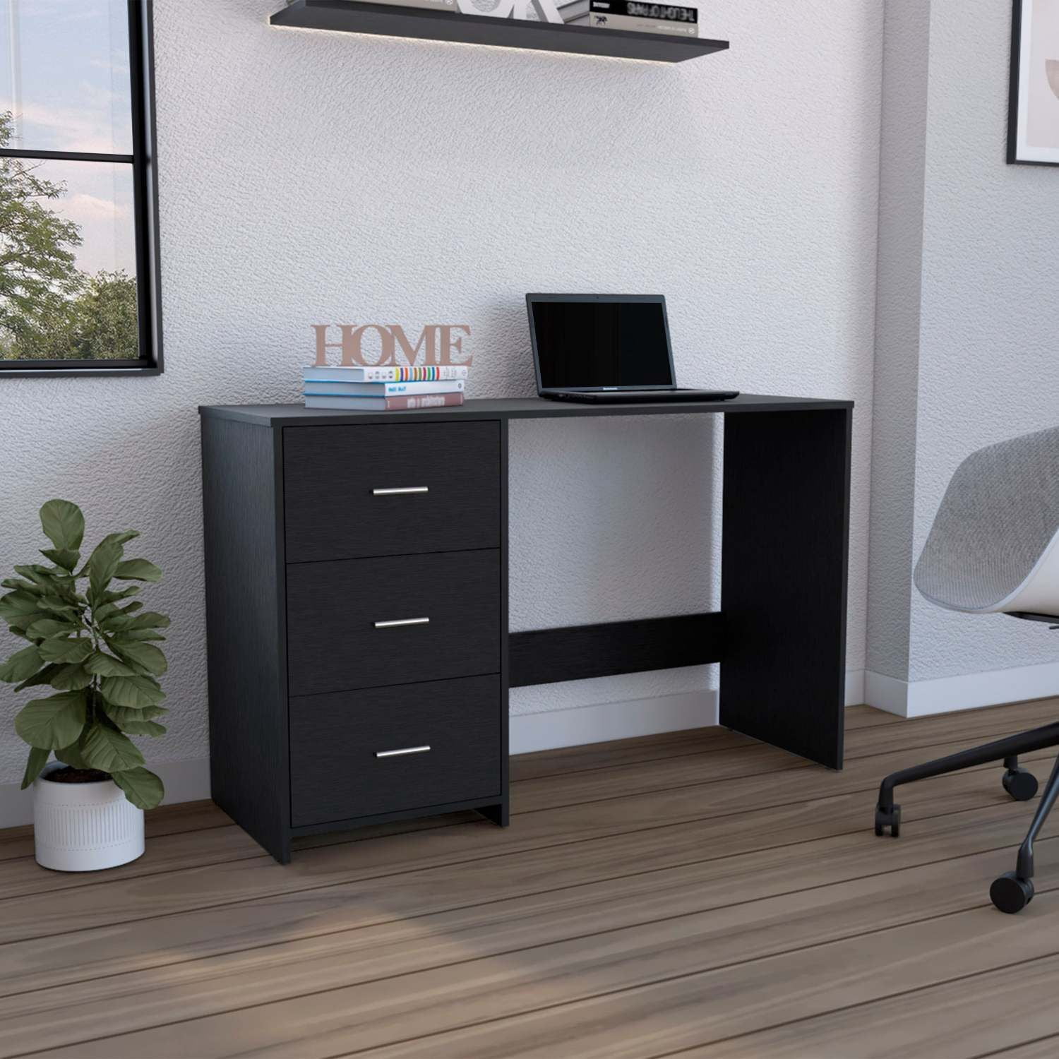 Asteroutdoor Writing Desk with 3 Drawers, Black, 47.5 in Wide, 30 in High, Particle Board, Home Office and Remote Learning