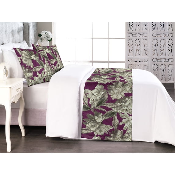 Asters Bed Runner Set, Vintage Boho Design of Garden Scene Flowers Cottagecore Vibes Art, Decorative Bedding Scarf & 2 Pillow Shams for Hotels Homes, King, Dark Magenta and Pale Green, by Ambesonne