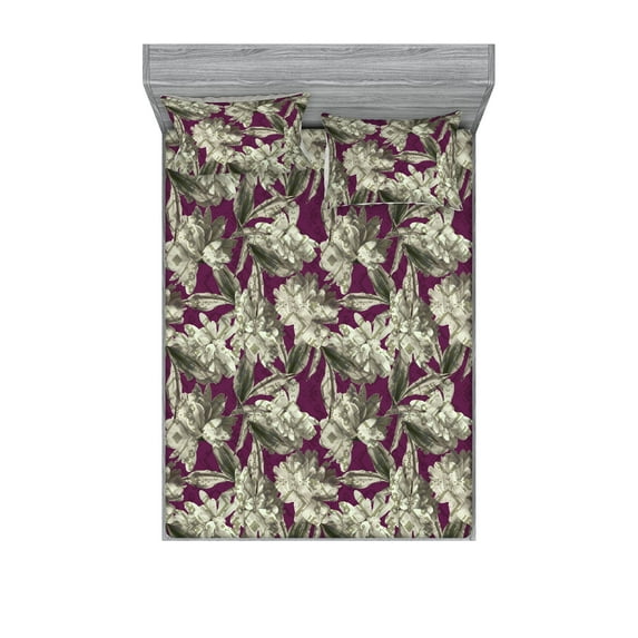 Asters Fitted Sheet & Pillow Sham Set, Vintage Boho Design of Garden Scene Flowers Cottagecore Vibes Art, Decorative Printed 3 Piece Bedding Decor, Calking, Dark Magenta and Pale Green, by Ambesonne
