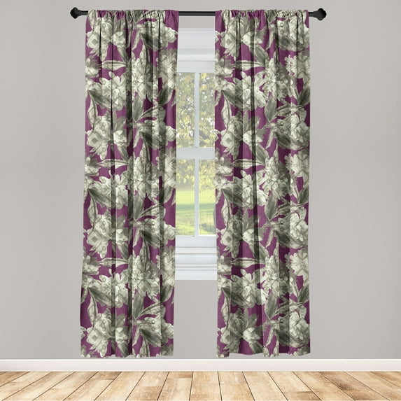 Asters Window Curtains, Vintage Boho Design of Garden Scene Flowers Cottagecore Vibes Art, Lightweight Decor 2-Panel Set with Rod Pocket, Pair of - 28"x95", Dark Magenta and Pale Green, by Ambesonne